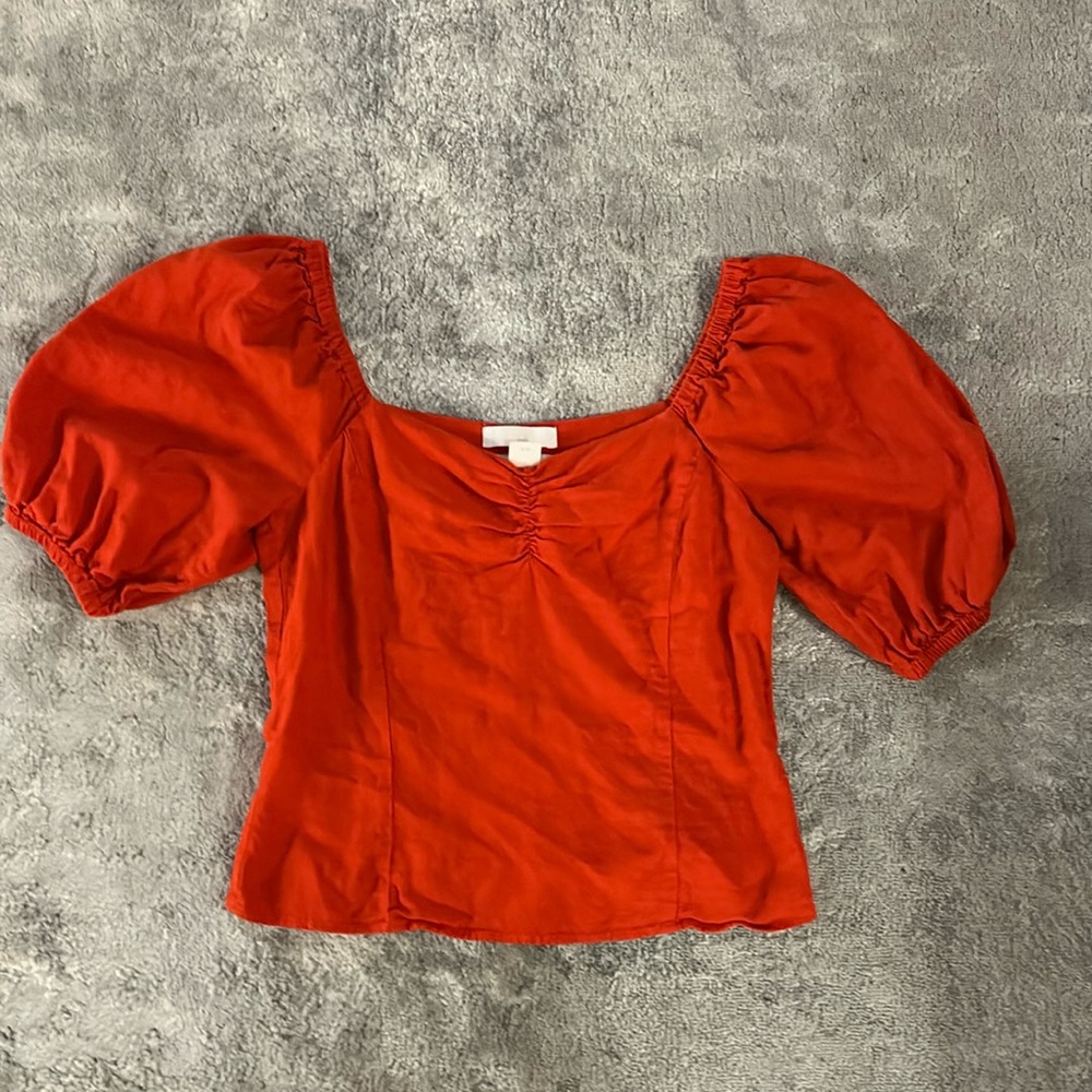H&M LINEN BLEND PUFF SLEEVE TOP